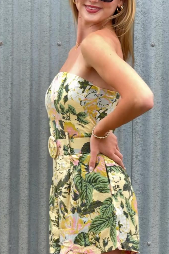 The Gracie Green Floral Strapless Belted Romper