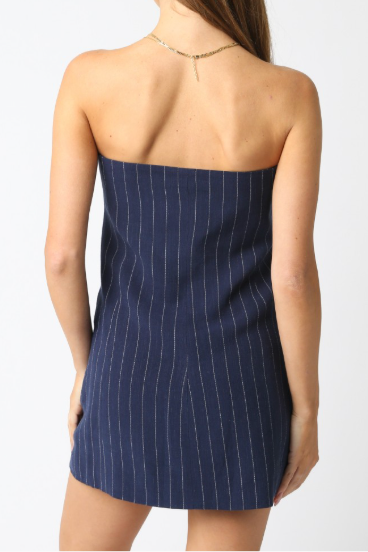 pinstripe strapless mini dress Plus Size Hardware Pleated Crepe Straight, High Priority Pinstripe Mini Dress in Navy, Size 2X,