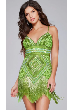 The Jovani 41101 Green Sequin Fringe Short Formal Dress