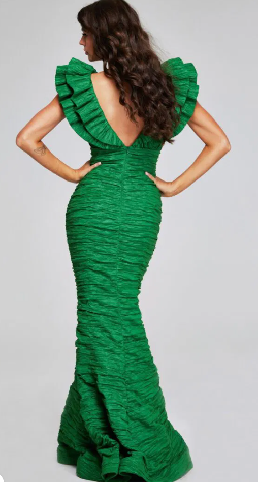 The Jovani 40044 Green Textured Fitted Ruffle Sleeve Gown