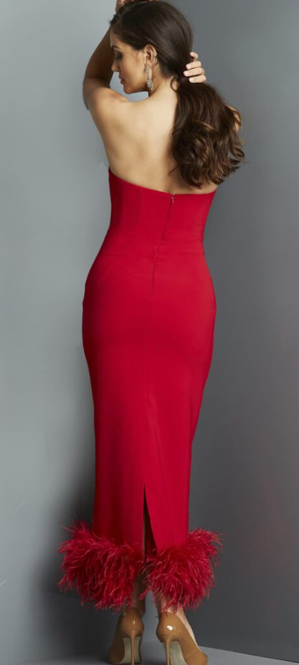 The Jovani 09630 Red Strapless Feather Hem Formal Gown