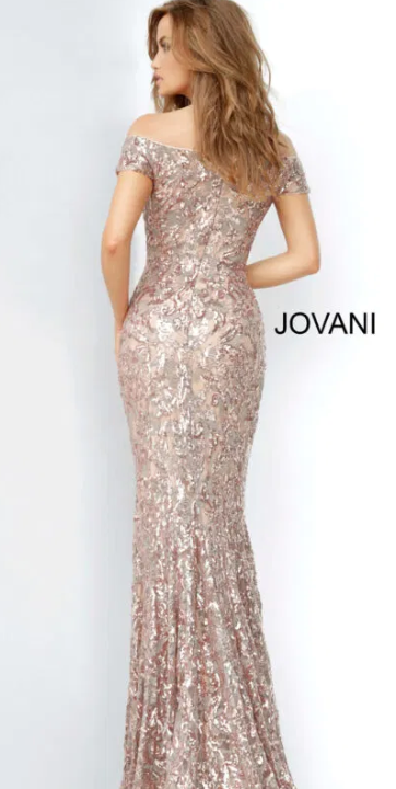 The Jovani 1122 Blush Off Shoulder Sequin Gown