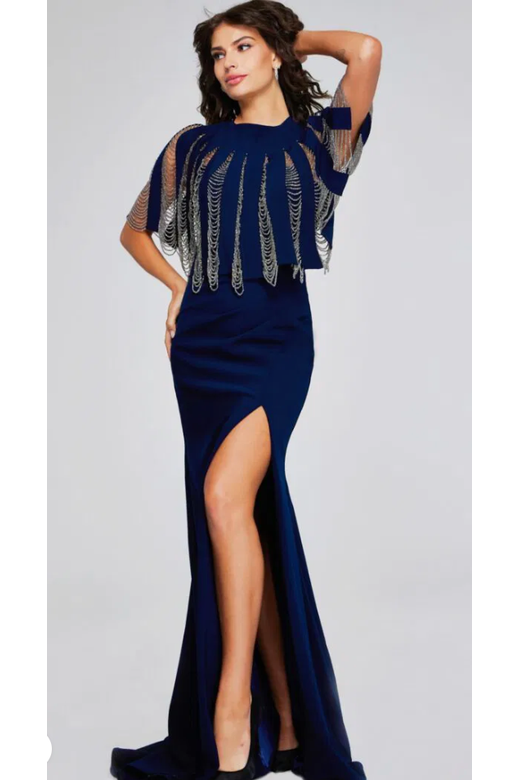 The Jovani 37386 Navy  Blue Chain Detail Gown
