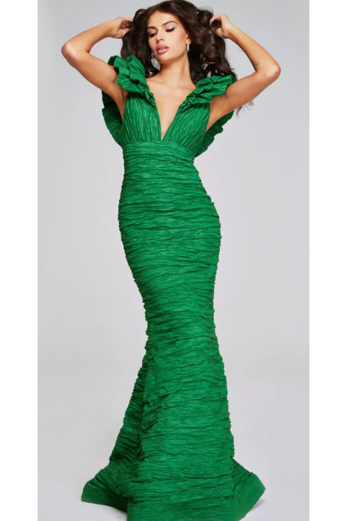 The Jovani 40044 Green Textured Fitted Ruffle Sleeve Gown