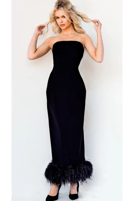 The Jovani 09630 Black Strapless Feather Hem Formal Gown