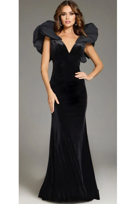 The Jovani 39973 Taffeta Ruffle Sleeve Velvet Formal Gown