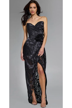 The Jovani 40706 Black Strapless Fitted Floral Formal Gown