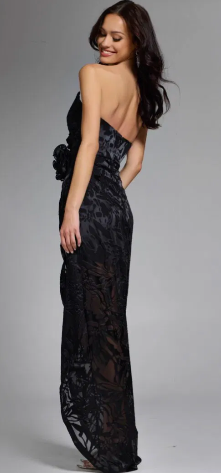 The Jovani 40706 Black Strapless Fitted Floral Formal Gown