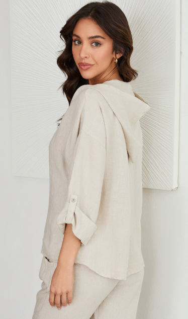 The Mara Beige Linen Hooded Jacket