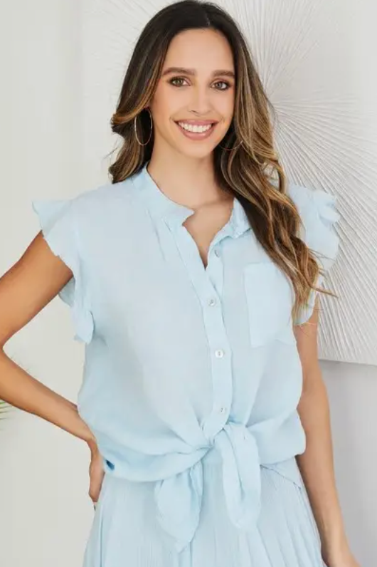 The Kim Light Blue Ruffle Sleeve Linen Top