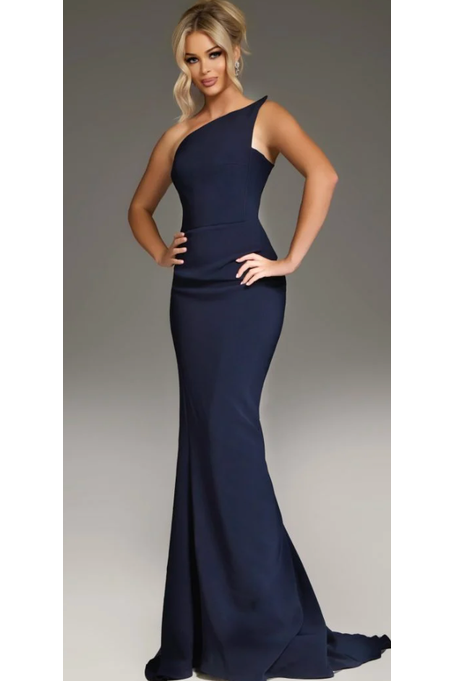 The Jovani 40301 Navy One Shoulder Mermaid Gown
