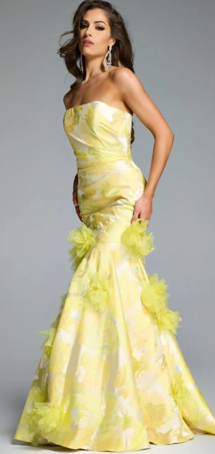 The Jovani 44351 Yellow Strapless Floral Appliqué Mermaid Gown