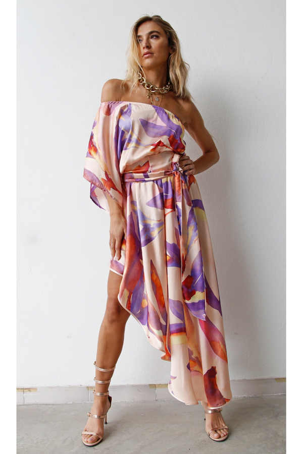 The Maria Pink Multi One Shoulder Asymmetric Midi Dress