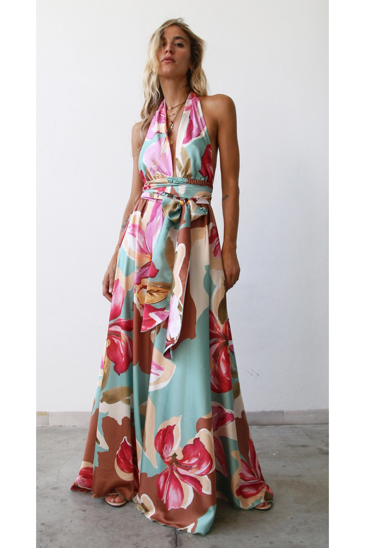 The Floriana Multi Floral Halter Satin Maxi Dress