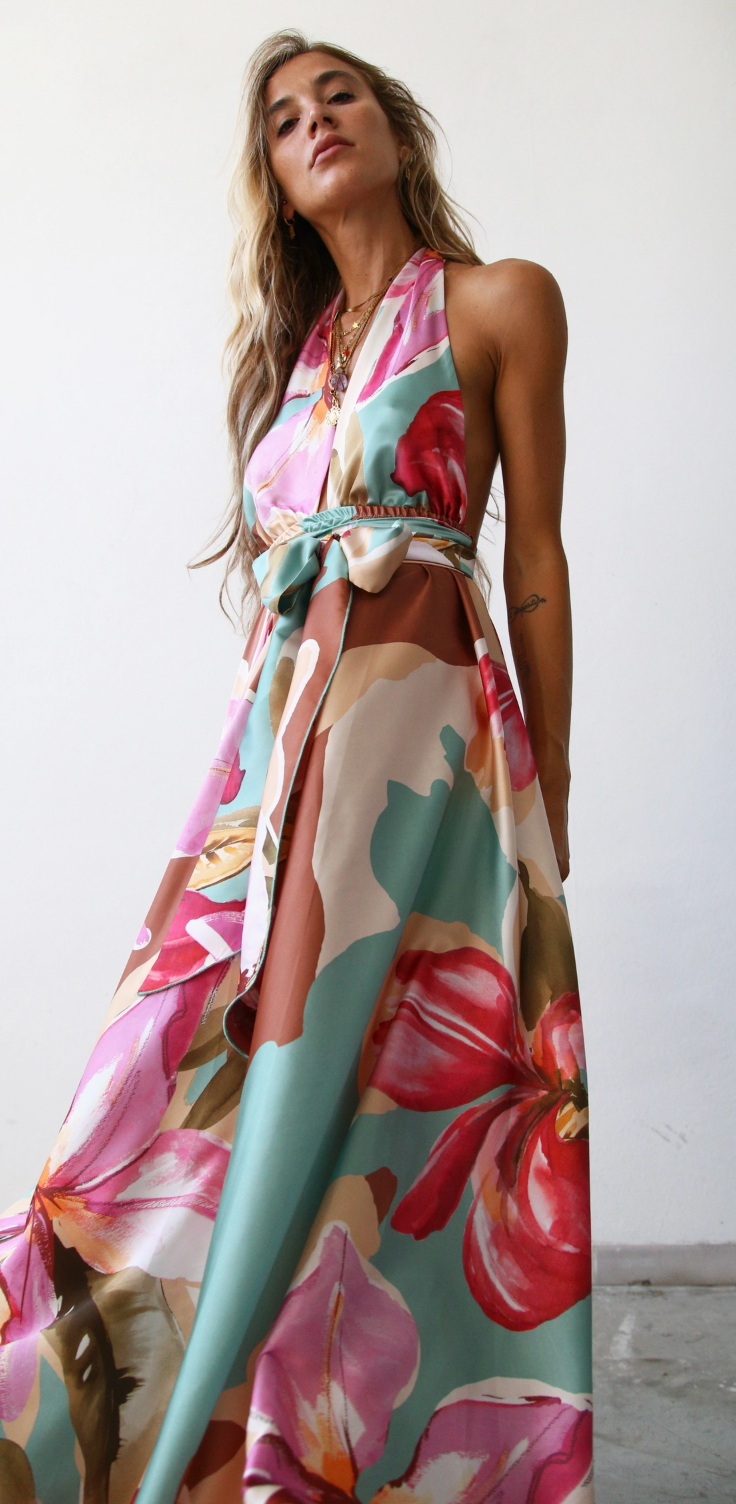 The Floriana Multi Floral Halter Satin Maxi Dress