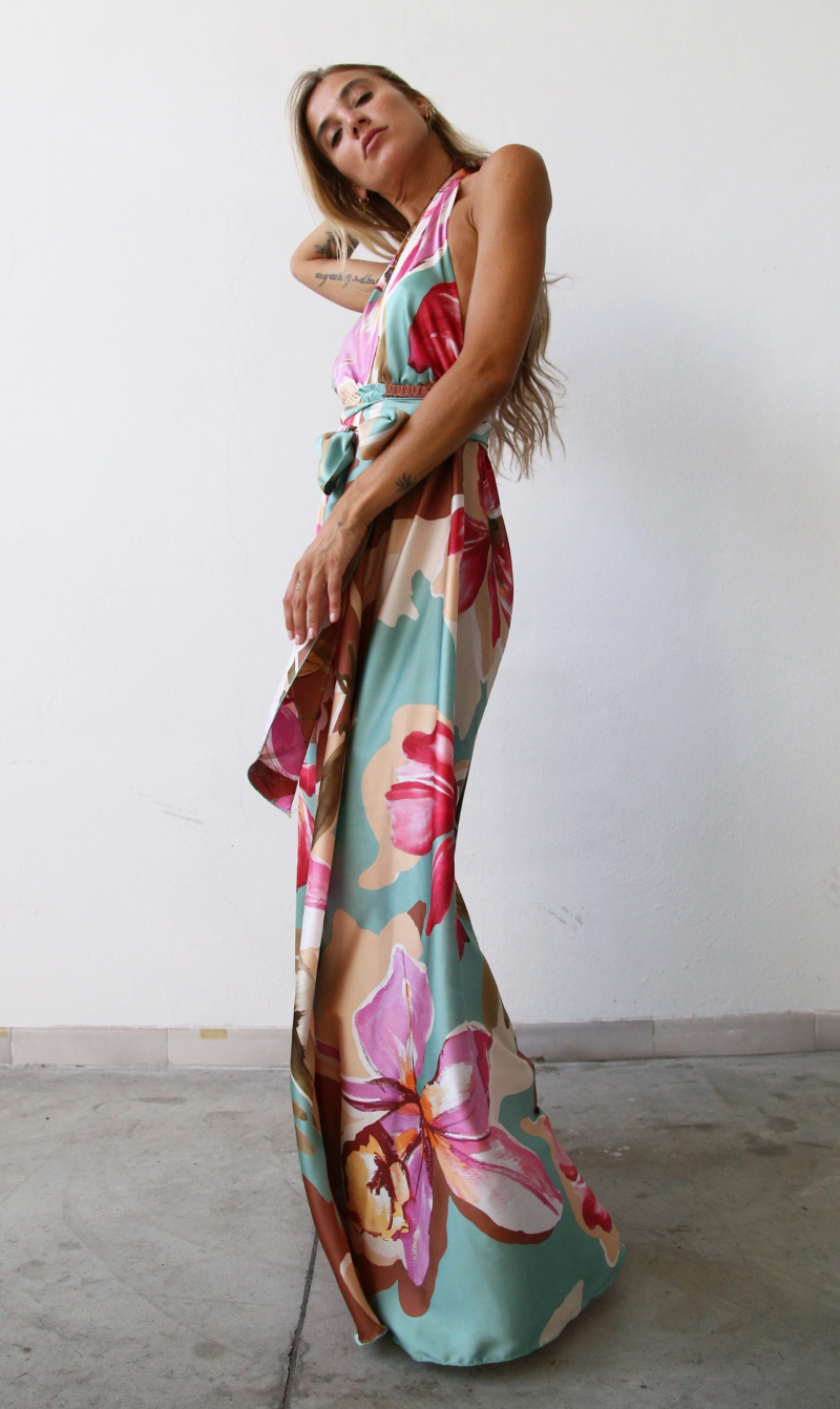 The Floriana Multi Floral Halter Satin Maxi Dress