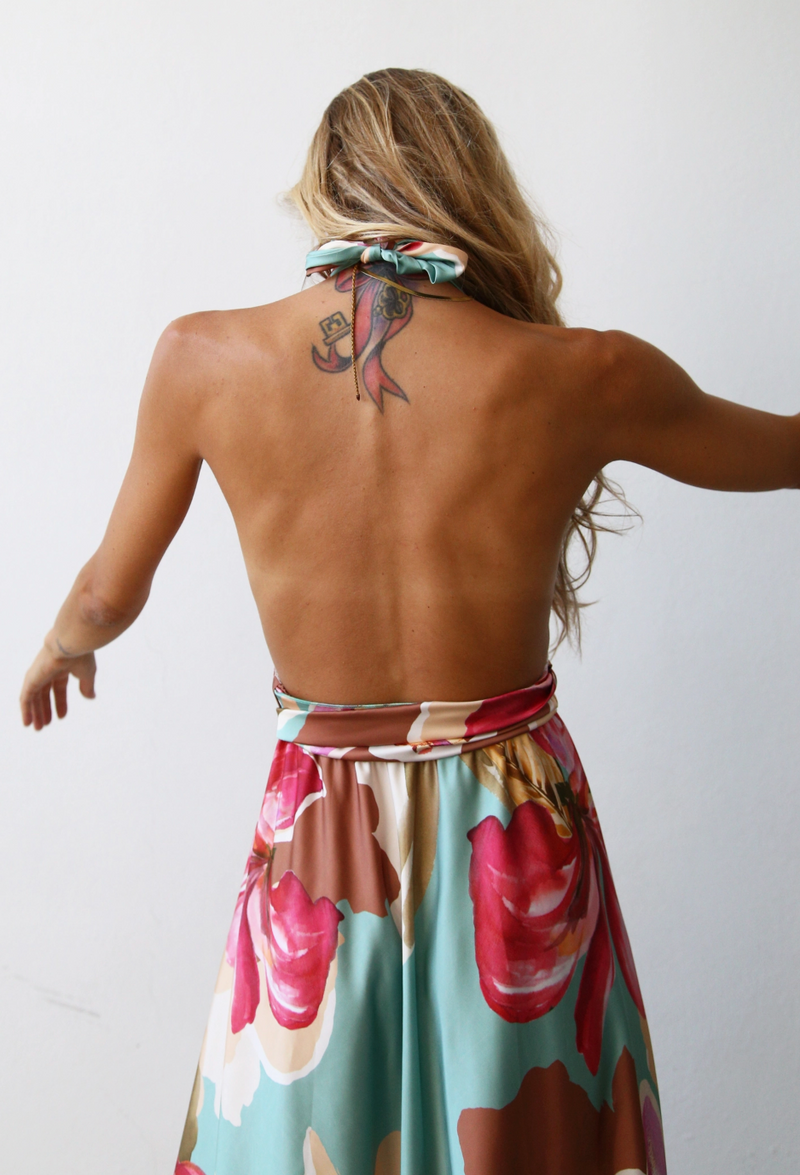 The Floriana Multi Floral Halter Satin Maxi Dress