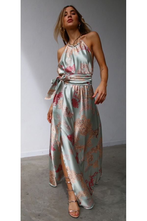 The VIncenza Multi Floral Chain Halter Satin Maxi Dress