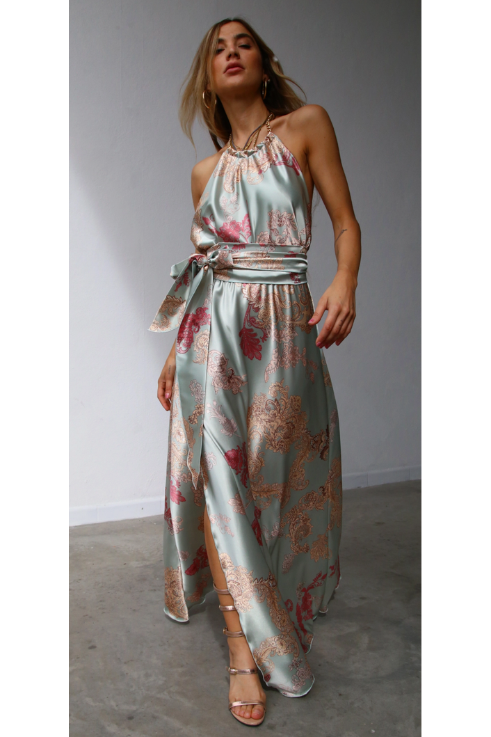 The VIncenza Multi Floral Chain Halter Satin Maxi Dress M The VIncenza Multi Floral Chain Halter Satin Maxi Dress M