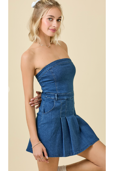 The Emory Denim Strapless Pleat Dress with Shorts L