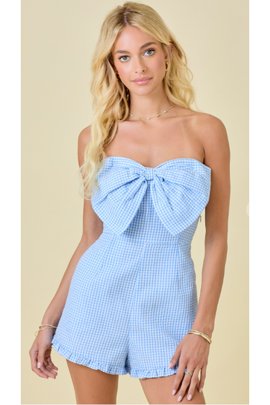 The Lindsay Light Blue Gingham Strapless Bow Romper