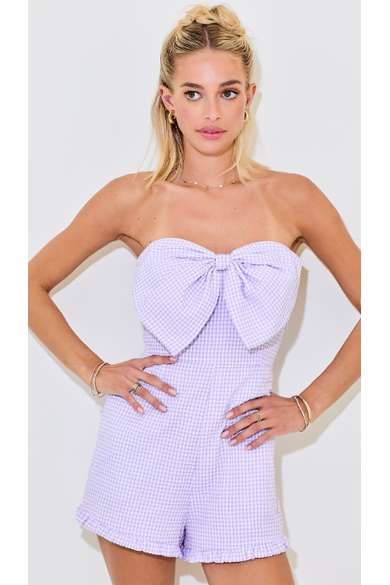 The Lindsay Lavender Gingham Strapless Bow Romper