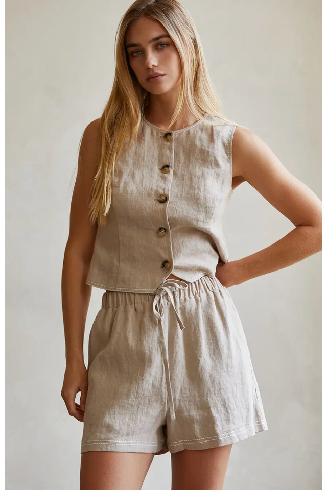 The Tyler Beige Linen Vest and Shorts Set