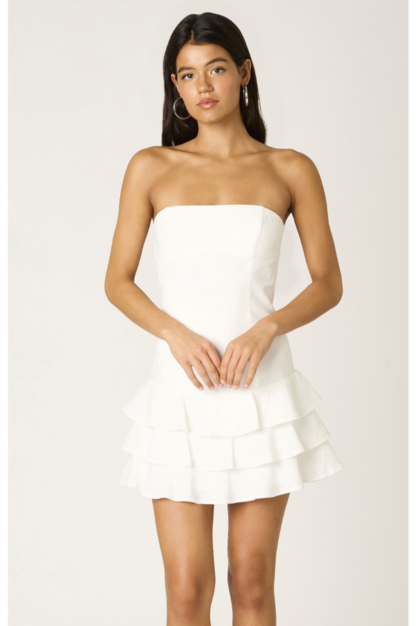 The Venus White Strapless Tiered Ruffle Mini Dress
