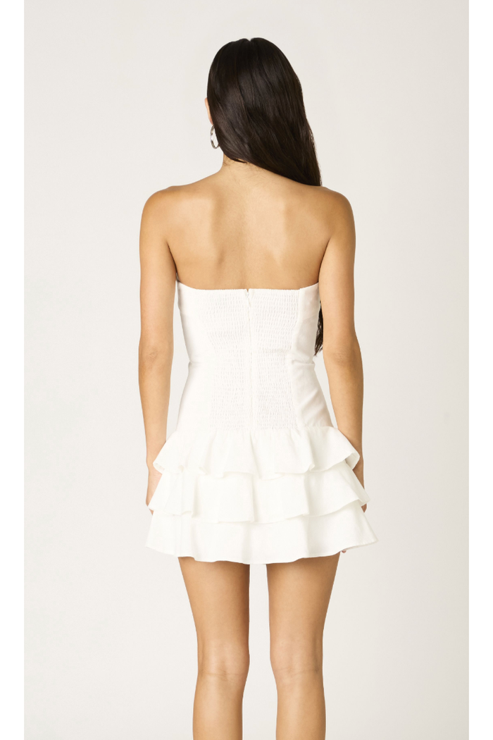 ruffle mini dress white The Venus White Strapless Tiered Ruffle Mini Dress – Cason Couture