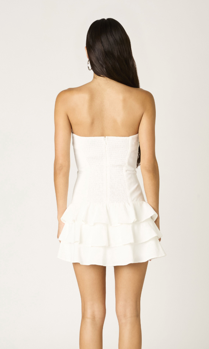 The Venus White Strapless Tiered Ruffle Mini Dress