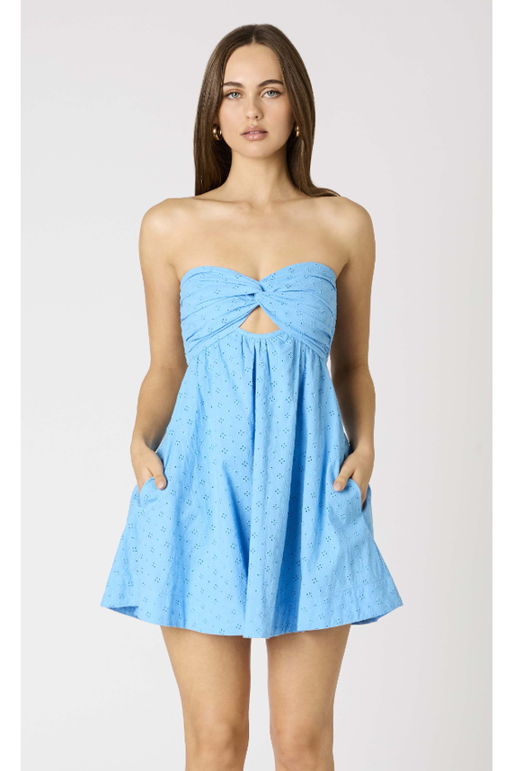 The Zuma Blue Strapless Eyelet Babydoll Mini Dress