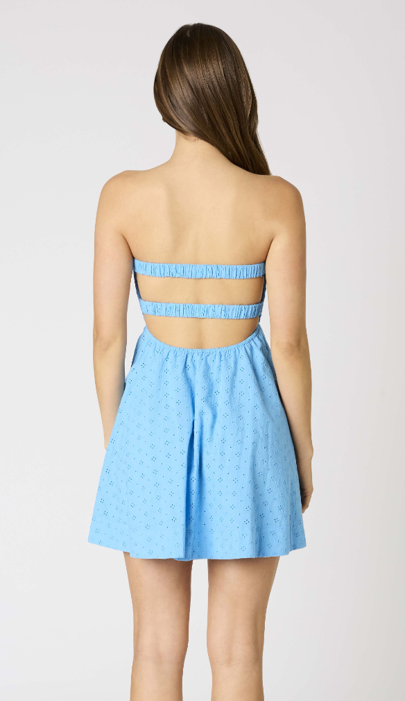 The Zuma Blue Strapless Eyelet Babydoll Mini Dress