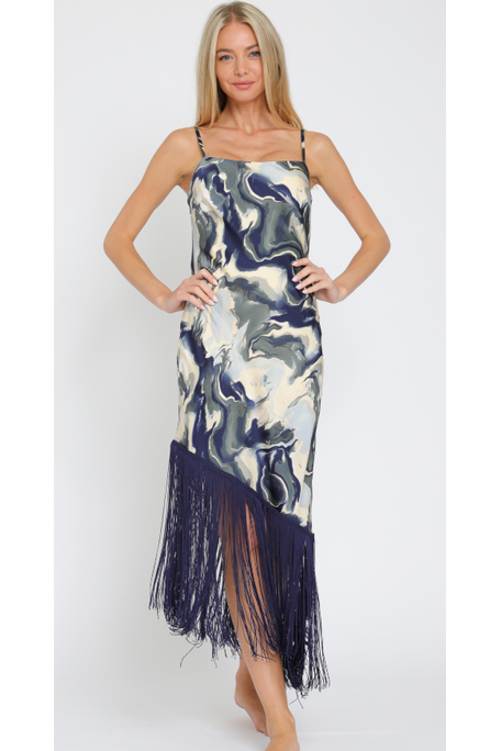 The Aria Blue Multi Fringe Hem Midi Dress
