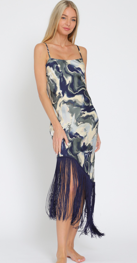 The Aria Blue Multi Fringe Hem Midi Dress