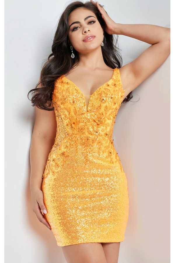 The Jovani 25815 Orange Sequin Embellished Short Formal Dress