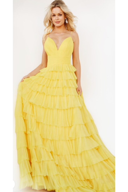 The Jovani 08480 Yellow Tiered Tulle Gown