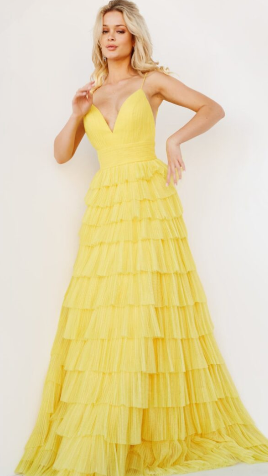 The Jovani 08480 Yellow Tiered Tulle Gown
