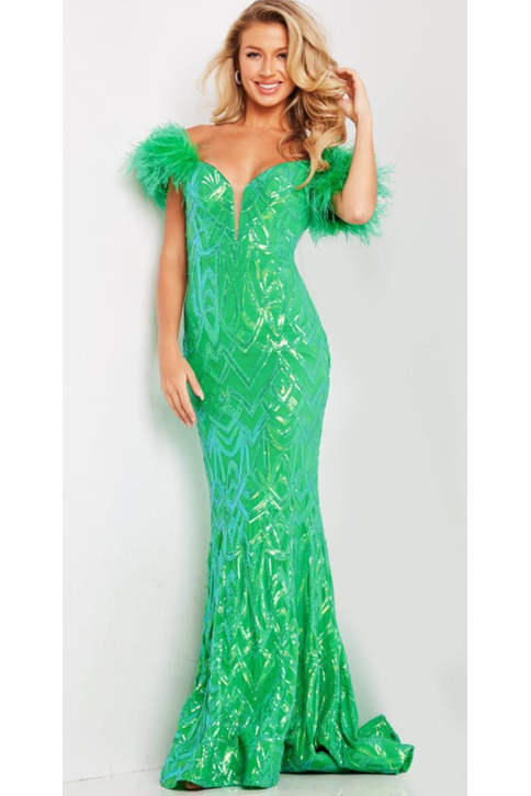 the Jovani 23383 Green Feather Shoulder Sequin Embeliished Gown