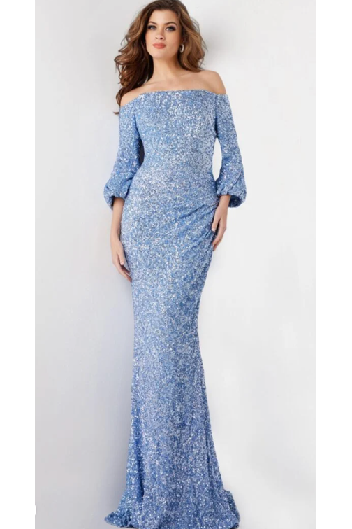 The Jovani 25949 Light Blue Off The Shouder Sequin Gown