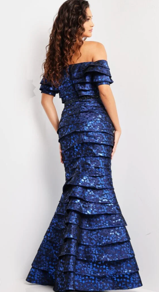 The Jovani 26255 Royal Blue Off The Shoulder Tiered Gown