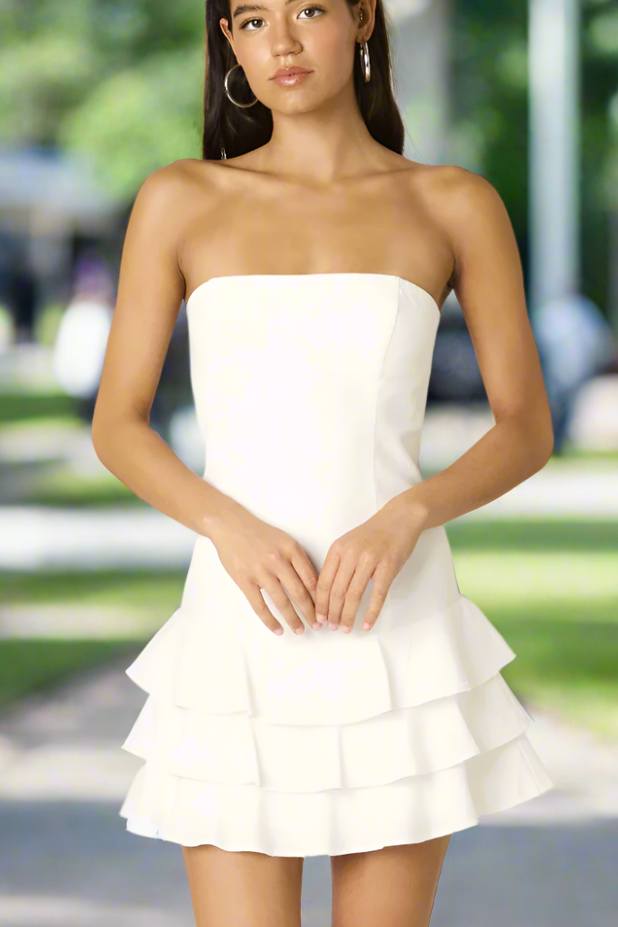 The Venus White Strapless Tiered Ruffle Mini Dress – Cason Couture The Venus White Strapless Tiered Ruffle Mini Dress – Cason Couture