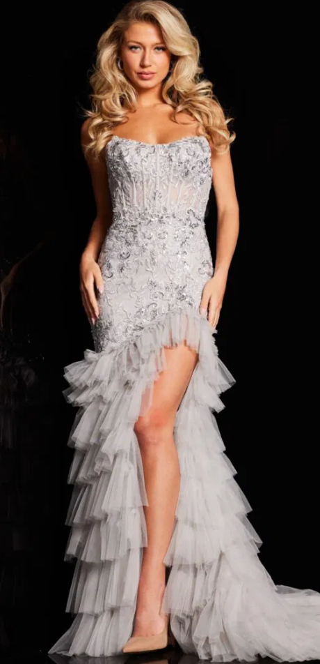 The Jovani 38489 Silver Strapless Embellished Tiered Tulle Skirt Gown