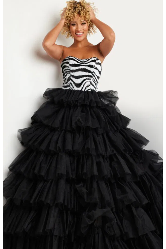 The Jovani 38360 Black/White Strapless Zebra Sequin Tiered Tulle Gown