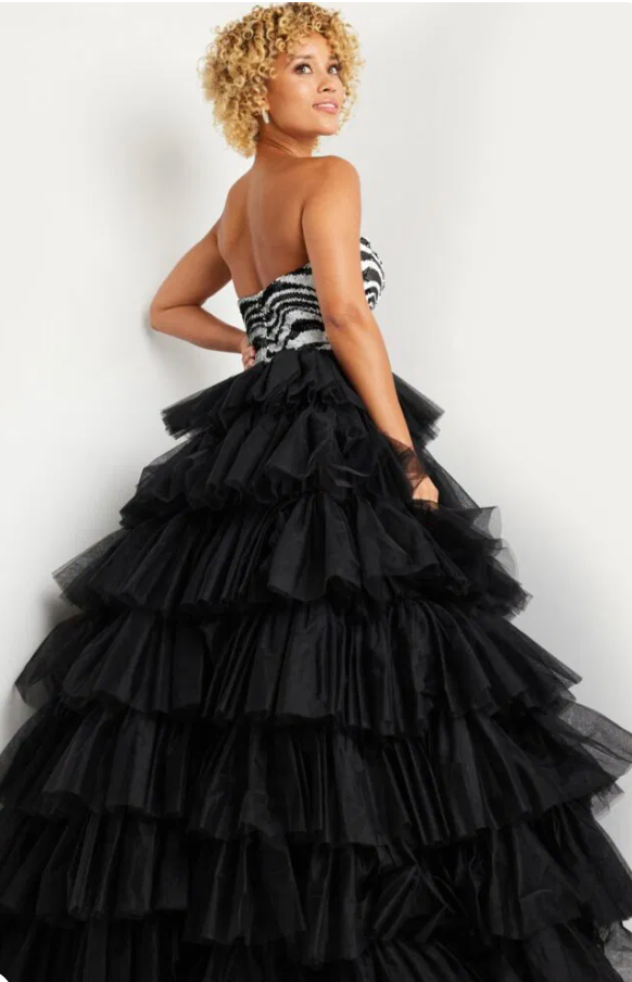 The Jovani 38360 Black/White Strapless Zebra Sequin Tiered Tulle Gown