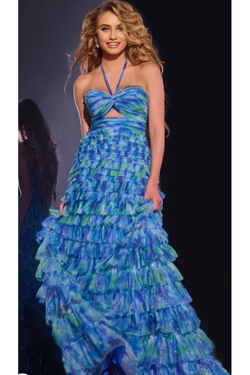 The Jovani 42182 Blue Multi Floral Halter Tiered Gown