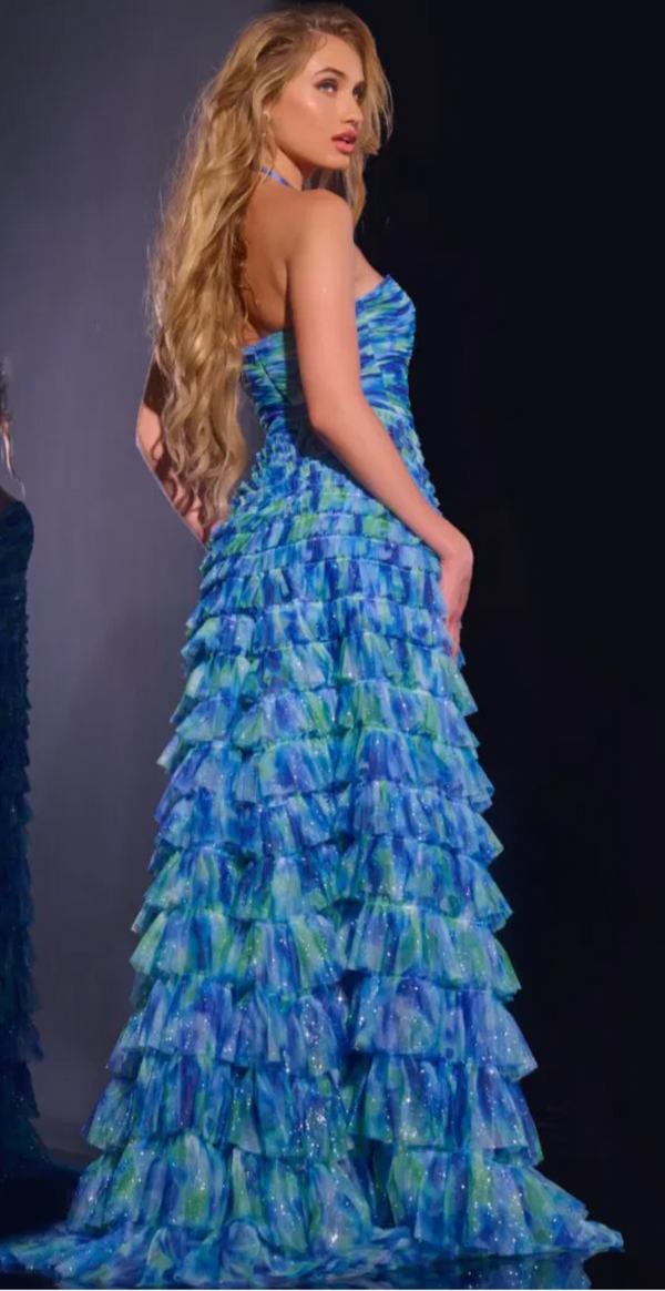 The Jovani 42182 Blue Multi Floral Halter Tiered Gown