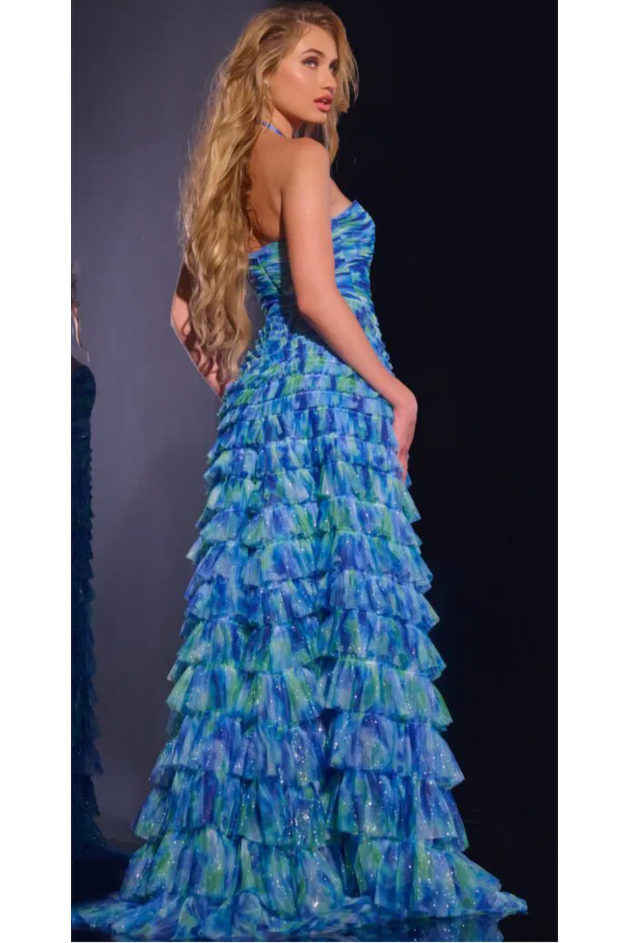 The Jovani 42182 Blue Multi Floral Halter Tiered Gown – Cason Couture