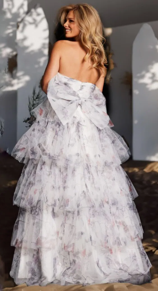 The Jovani 38608 Ivory Strapless Floral Chiffon Gown