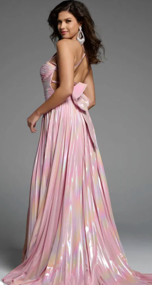 The Jovani D6028 Blush Iridescent Embellished Keyhole Pleated Gown