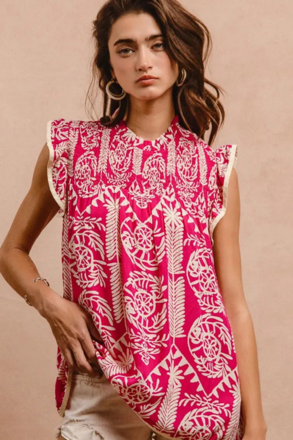 The Indah Printed Ruffle Sleeve Top